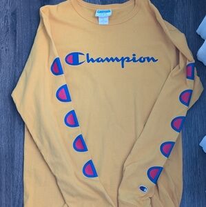 VTG Champion Mens Golden Yellow Script Logo Long Sleeve Men's Size L